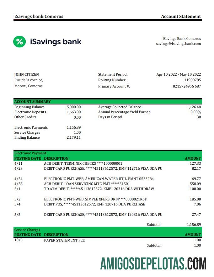Comoros ISavings Bank Statement Xls modelo